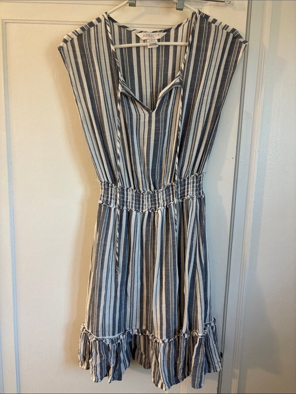APRICOT Navy & White Vertical Stripe Smocked-Waist Midi Dress